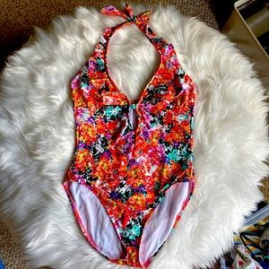 Kennith Coke Reaction One Piece Halter Top Ruffle Neck Swimsuit - XL